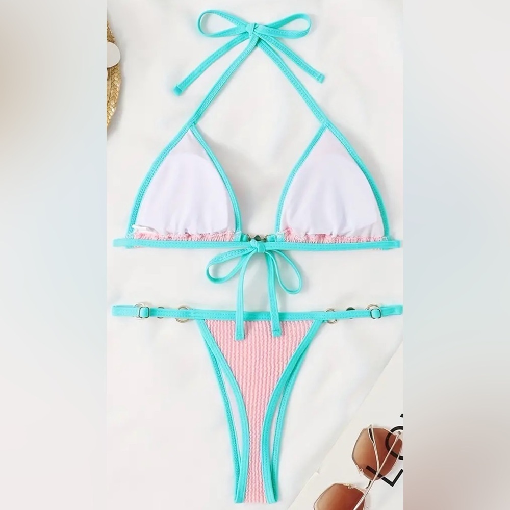 Pink Ribbed Triangle Halter Thong Bikini Set - Picture 4 of 6